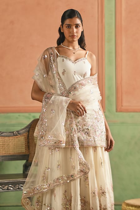 Shop_Lashkaraa_Off White Georgette, Net Embroidery, Sequins, Butti Pattern Kurta Sharara Set _Online_at_Aza_Fashions