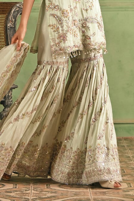 Buy_Lashkaraa_Green Viscose, Shantoon, Net Embroidery, Zari, Sequins, Beads Kurta Set _Online_at_Aza_Fashions