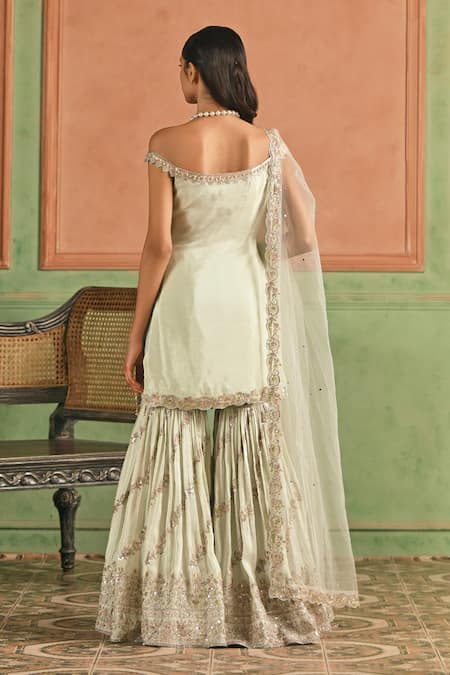 Lashkaraa_Green Viscose, Shantoon, Net Embroidery, Zari, Sequins, Beads Kurta Set _Online_at_Aza_Fashions