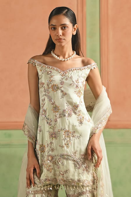 Shop_Lashkaraa_Green Viscose, Shantoon, Net Embroidery, Zari, Sequins, Beads Kurta Set _Online_at_Aza_Fashions