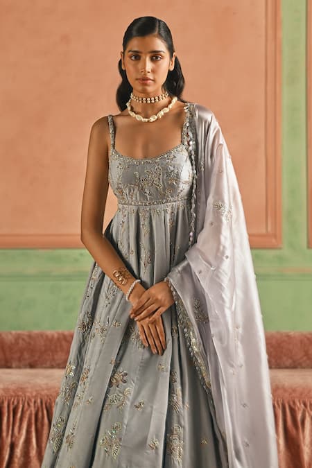 Buy_Lashkaraa_Grey Silk, Shantoon, Organza Embroidery, Zari, Sequins, Floral Anarkali Set _Online_at_Aza_Fashions