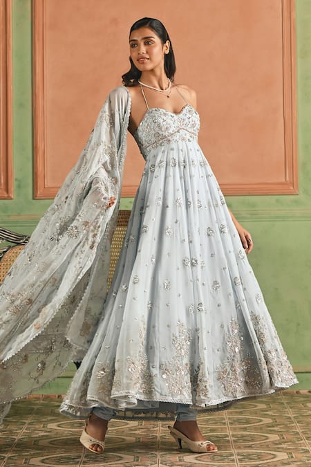 Buy_Lashkaraa_Sky Blue Organza, Shantoon Zari, Sequins, Beads, Butti Work Anarkali Set _Online_at_Aza_Fashions
