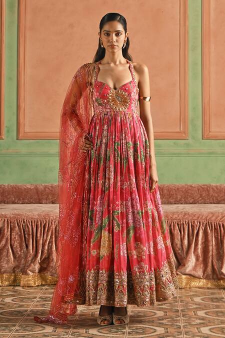 Lashkaraa Floral Embroidered Anarkali Pant Dupatta Set 