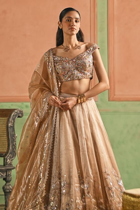 Buy_Lashkaraa_Beige Net, Satin Sequins, Zari, Embroidery Off-shoulder Lehenga Set _Online_at_Aza_Fashions
