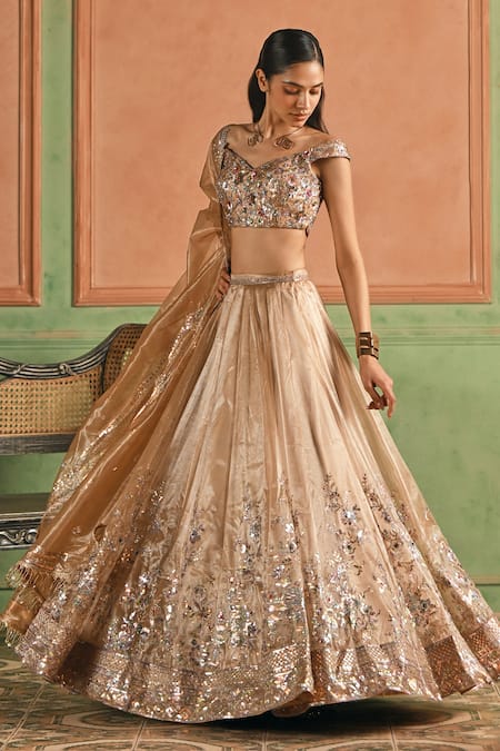 Shop_Lashkaraa_Beige Net, Satin Sequins, Zari, Embroidery Off-shoulder Lehenga Set _Online_at_Aza_Fashions
