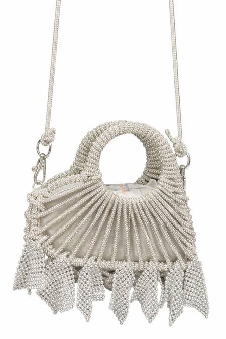 Forever Noor_Silver Rhinestones, Tassels Lumi Studded Knotted Mini Bag _Online_at_Aza_Fashions
