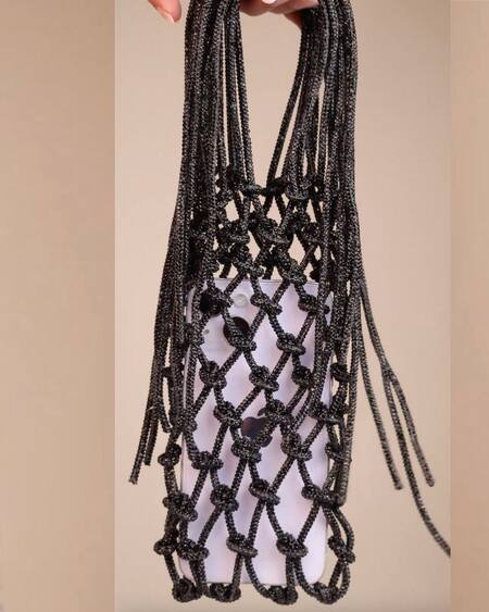 Forever Noor_Black Rhinestones, Tassels Lumi Knot Macrame Mini Bag _Online_at_Aza_Fashions