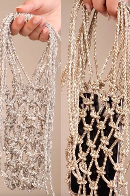 Buy_Forever Noor_Silver Rhinestones Jazz Knotted Phone Bag _Online_at_Aza_Fashions