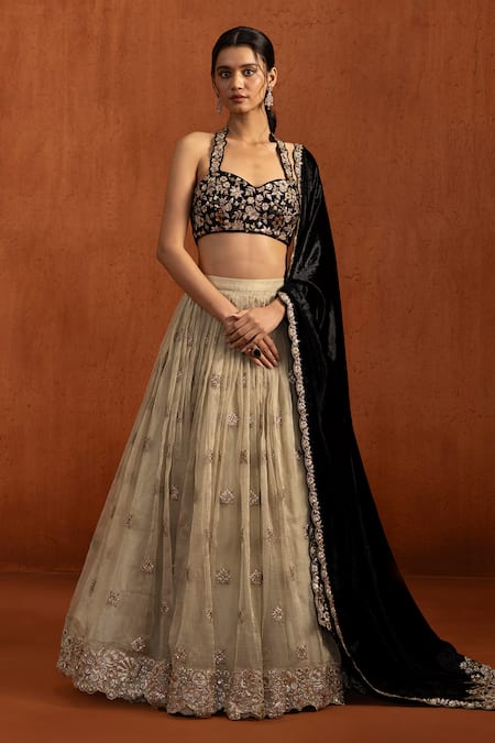 Shop_Lashkaraa_Beige Velvet Embroidery, Sequins, Zari Sweetheart Neck, Floral Lehenga Set _Online_at_Aza_Fashions