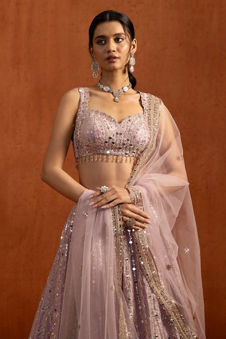 Buy_Lashkaraa_Lilac Satin Sequins, Embroidery, Mirrors, Beads, Zari Sweetheart Lehenga Set _Online_at_Aza_Fashions
