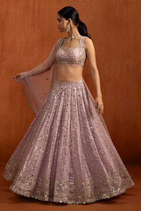 Lashkaraa_Lilac Satin Sequins, Embroidery, Mirrors, Beads, Zari Sweetheart Lehenga Set _at_Aza_Fashions