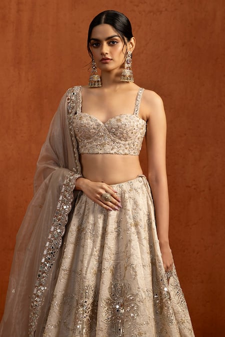 Buy_Lashkaraa_Off White Silk Satin Embroidery, Mirrors, Sequins, Zari Tonal Lehenga Set _Online_at_Aza_Fashions