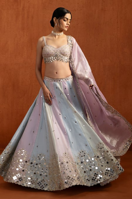 Shop Lashkaraa Lavender Satin Mirrors, Embroidery, Sequins Sweetheart Striped Lehenga Set Online at Aza Fashions Shop_Lashkaraa_Lavender Satin Mirrors, Embroidery, Sequins Sweetheart Striped Lehenga Set _Online_at_Aza_Fashions