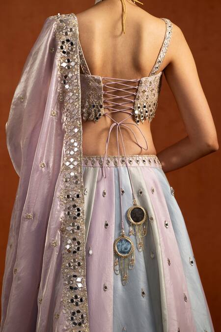 Lashkaraa Lavender Satin Mirrors, Embroidery, Sequins Sweetheart Striped Lehenga Set at Aza Fashions Lashkaraa_Lavender Satin Mirrors, Embroidery, Sequins Sweetheart Striped Lehenga Set _at_Aza_Fashions