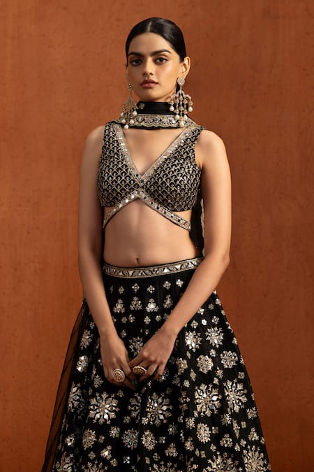 Buy_Lashkaraa_Black Velvet, Satin, Net Embroidery, Sequins, Zari, Mirrors, Lehenga Set _Online_at_Aza_Fashions
