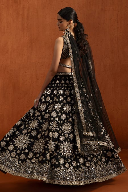 Shop_Lashkaraa_Black Velvet, Satin, Net Embroidery, Sequins, Zari, Mirrors, Lehenga Set _Online_at_Aza_Fashions