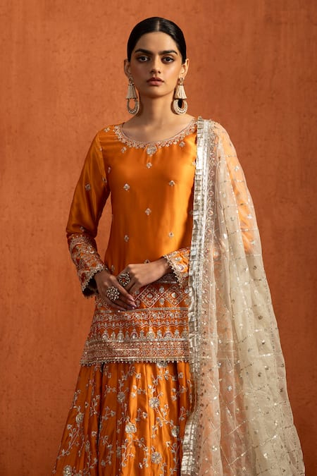 Shop_Lashkaraa_Orange Silk, Net Embroidery, Sequins, Zari, Stones, Metallic Lehenga Kurta Set _Online_at_Aza_Fashions