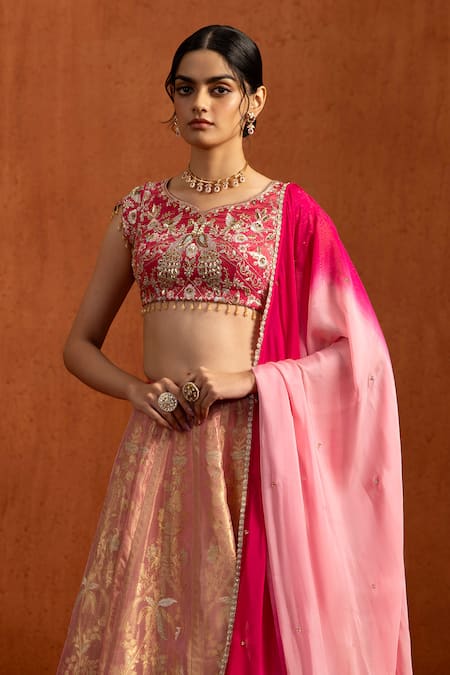 Buy_Lashkaraa_Pink Brocade Zari, Embroidery, Sequins, Tassels, Beads Woven Lehenga Blouse Set _Online_at_Aza_Fashions