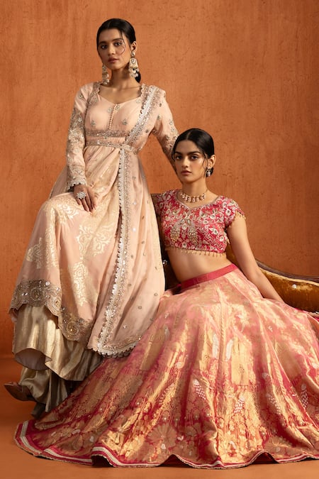 Lashkaraa_Pink Brocade Zari, Embroidery, Sequins, Tassels, Beads Woven Lehenga Blouse Set _at_Aza_Fashions