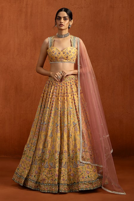 Shop Lashkaraa Yellow Viscose, Silk Embroidery, Sequins, Zari, Stones Floral Lehenga Set Online at Aza Fashions Shop_Lashkaraa_Yellow Viscose, Silk Embroidery, Sequins, Zari, Stones Floral Lehenga Set _Online_at_Aza_Fashions