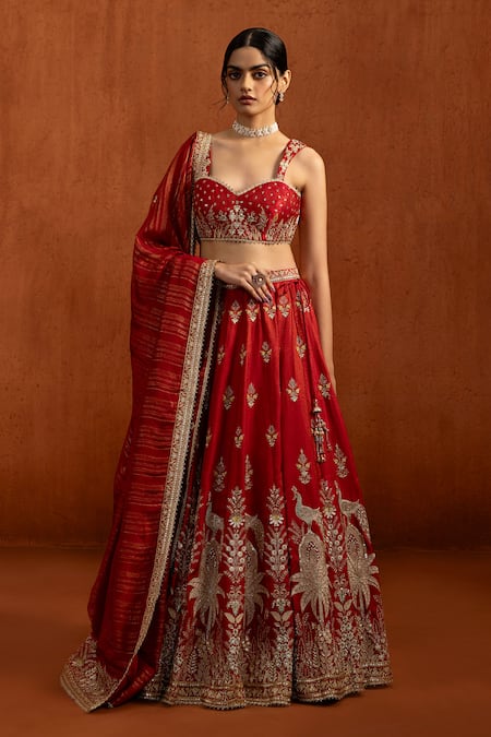 Buy_Lashkaraa_Red Viscose, Satin, Tissue Embroidery, Sequins, Zari, Peacock Motif Lehenga Set _Online_at_Aza_Fashions