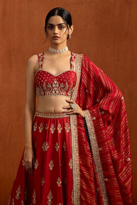 Shop_Lashkaraa_Red Viscose, Satin, Tissue Embroidery, Sequins, Zari, Peacock Motif Lehenga Set _Online_at_Aza_Fashions