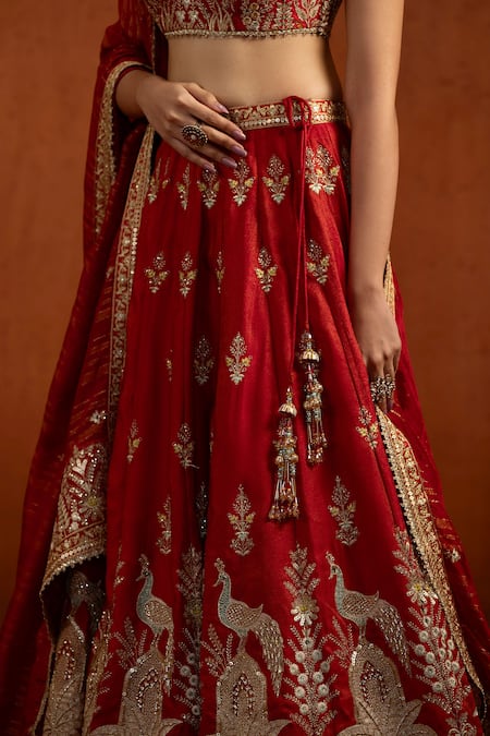 Lashkaraa_Red Viscose, Satin, Tissue Embroidery, Sequins, Zari, Peacock Motif Lehenga Set _at_Aza_Fashions
