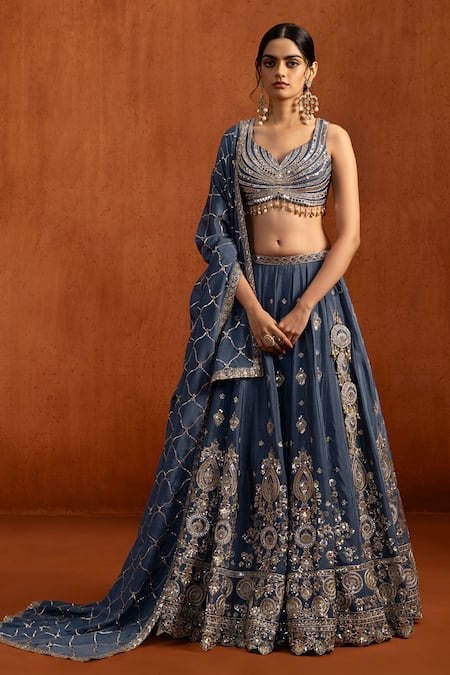 Shop Lashkaraa Blue Chiffon Sequins, Embroidery, Metallic Thread, Beads Lehenga Blouse Set Online at Aza Fashions Shop_Lashkaraa_Blue Chiffon Sequins, Embroidery, Metallic Thread, Beads Lehenga Blouse Set _Online_at_Aza_Fashions