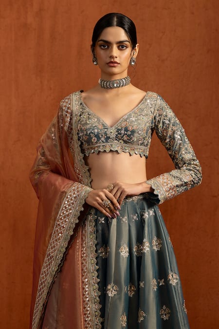 Buy_Lashkaraa_Blue Silk Embroidery, Mirrors, Zari, Sequins, Stones V-neck Lehenga Blouse Set _Online_at_Aza_Fashions