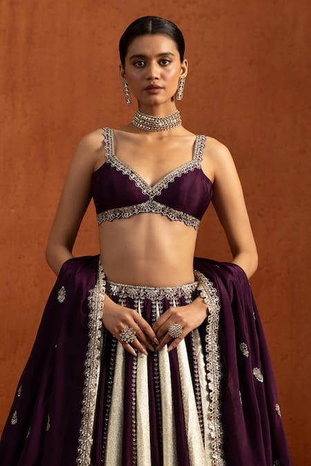 Buy_Lashkaraa_Wine Lampi, Chinon, Chiffon Embroidery, Metallic Peacock Striped Lehenga Set _Online_at_Aza_Fashions