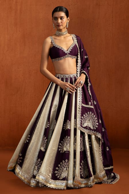 Shop_Lashkaraa_Wine Lampi, Chinon, Chiffon Embroidery, Metallic Peacock Striped Lehenga Set _Online_at_Aza_Fashions