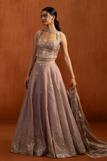 Buy_Lashkaraa_Mauve Satin Embroidery, Metallic Thread, Sequins, Zari Butti Work Lehenga Set _Online_at_Aza_Fashions