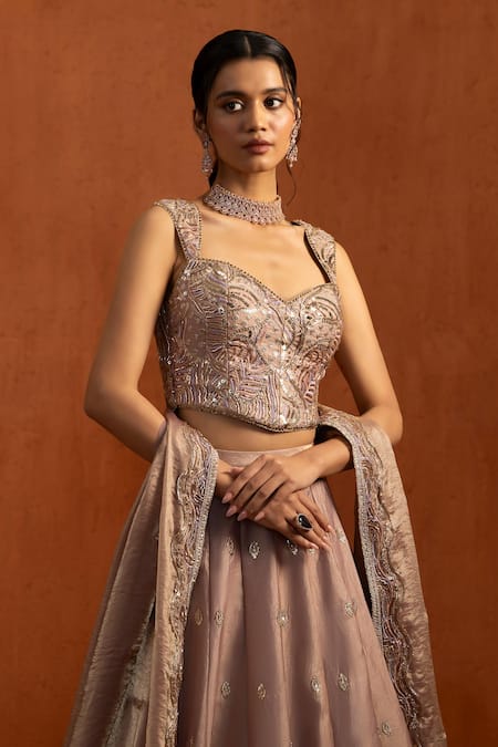Lashkaraa_Mauve Satin Embroidery, Metallic Thread, Sequins, Zari Butti Work Lehenga Set _at_Aza_Fashions