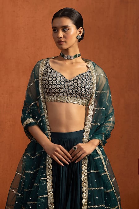 Shop_Lashkaraa_Green Crepe, Silk Sequins, Zari, Embroidery Sweetheart Neck Pleated Lehenga Set _Online_at_Aza_Fashions