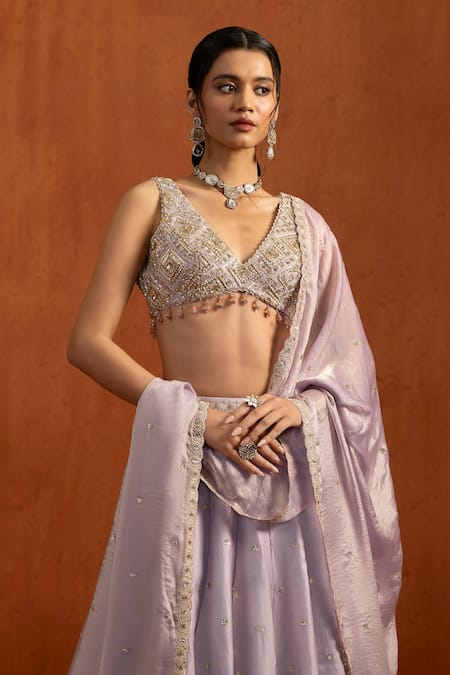 Buy_Lashkaraa_Lilac Tissue Embroidery, Sequins, Stones, Beads, Metallic Lehenga Blouse Set _Online_at_Aza_Fashions