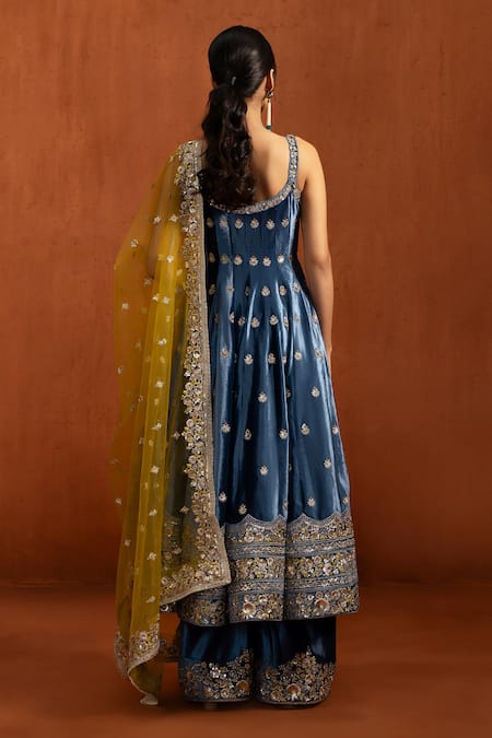 Lashkaraa_Blue Velvet Sequins, Stones, Embroidery Scoop Neck Anarkali Set _Online_at_Aza_Fashions