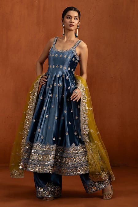 Buy_Lashkaraa_Blue Velvet Sequins, Stones, Embroidery Scoop Neck Anarkali Set _Online_at_Aza_Fashions
