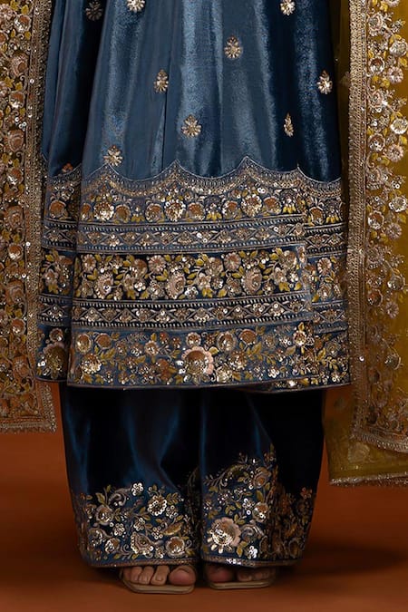 Shop_Lashkaraa_Blue Velvet Sequins, Stones, Embroidery Scoop Neck Anarkali Set _Online_at_Aza_Fashions