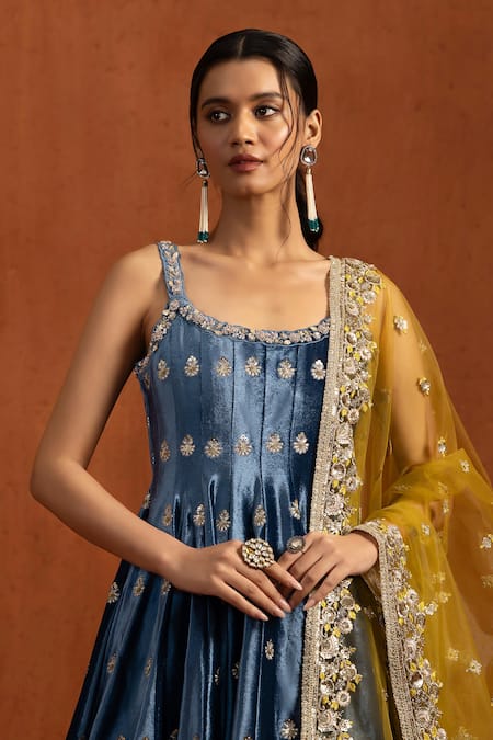 Lashkaraa_Blue Velvet Sequins, Stones, Embroidery Scoop Neck Anarkali Set _at_Aza_Fashions