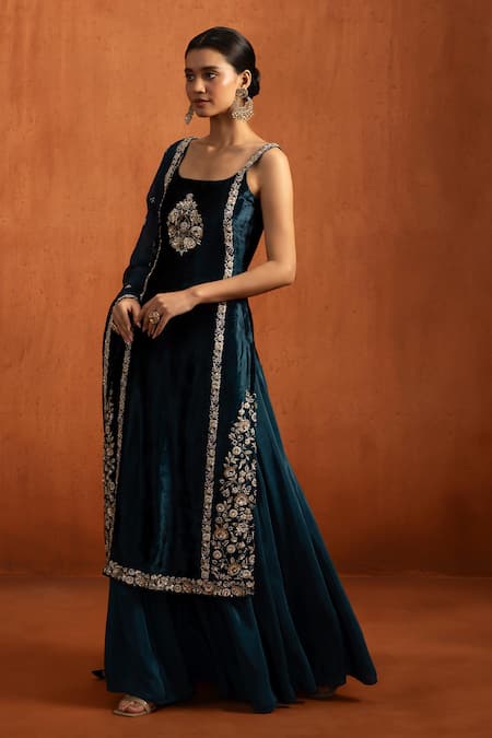 Buy_Lashkaraa_Blue Viscose, Velvet Embroidery, Zari, Sequins Square Neck Kurta Sharara Set _Online_at_Aza_Fashions