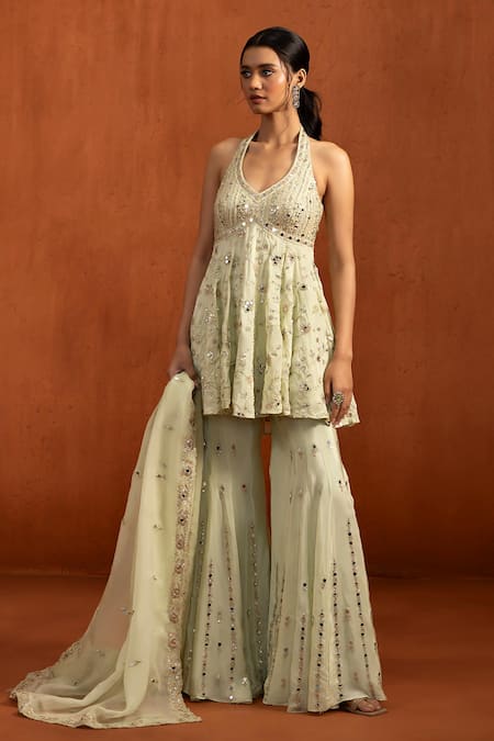 Shop_Lashkaraa_Green Viscose, Crepe Sequins, Embroidery, Embellished Tunic Gharara Set _Online_at_Aza_Fashions