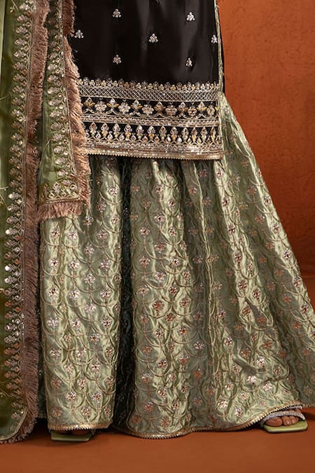 Shop_Lashkaraa_Black Silk Embroidery, Sequins, Metallic Thread, Zari Round Kurta Sharara Set _Online_at_Aza_Fashions