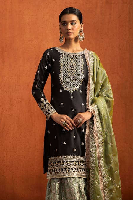 Lashkaraa_Black Silk Embroidery, Sequins, Metallic Thread, Zari Round Kurta Sharara Set _at_Aza_Fashions