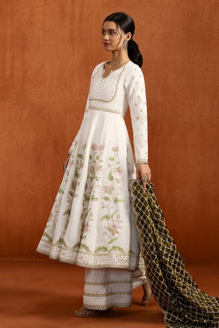 Shop_Lashkaraa_White Crepe, Silk Embroidery, Zari, Gota Patti, Floral Anarkali Palazzo Set _Online_at_Aza_Fashions