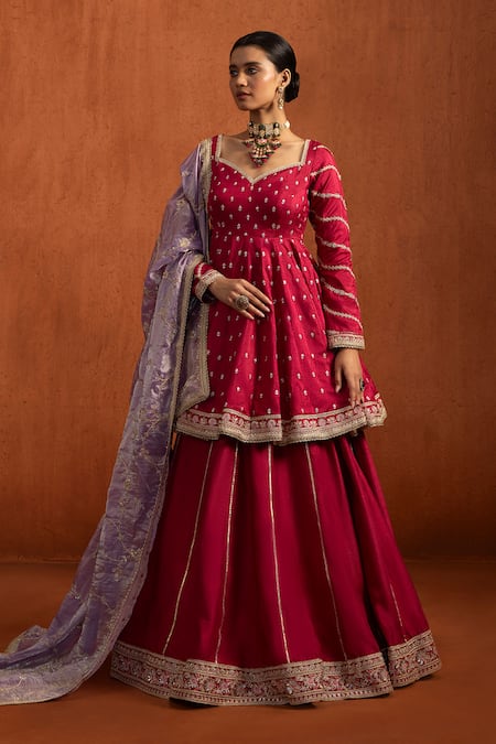 Lashkaraa_Pink Silk Embroidery, Sequins, Zari, Metallic Thread Peplum Tunic Lehenga Set _at_Aza_Fashions