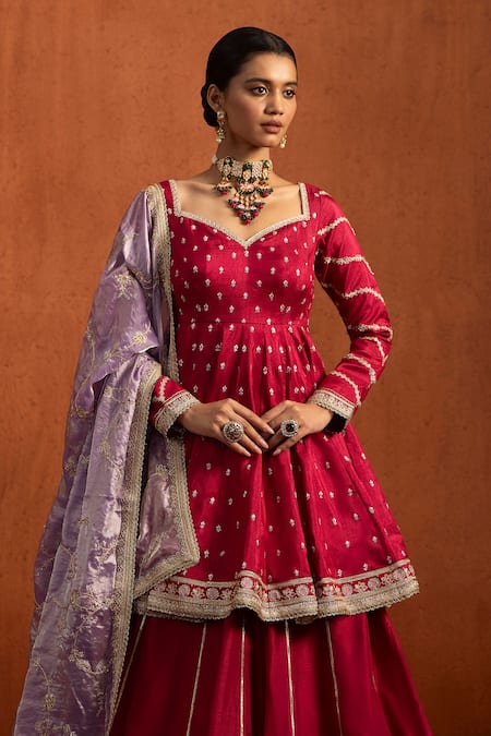 Buy_Lashkaraa_Pink Silk Embroidery, Sequins, Zari, Metallic Thread Peplum Tunic Lehenga Set 