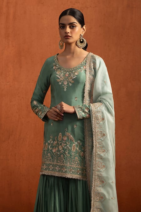 Buy_Lashkaraa_Green Viscose, Silk Embroidery, Metallic Thread, Sequins, Gota Kurta Gharara Set _Online_at_Aza_Fashions