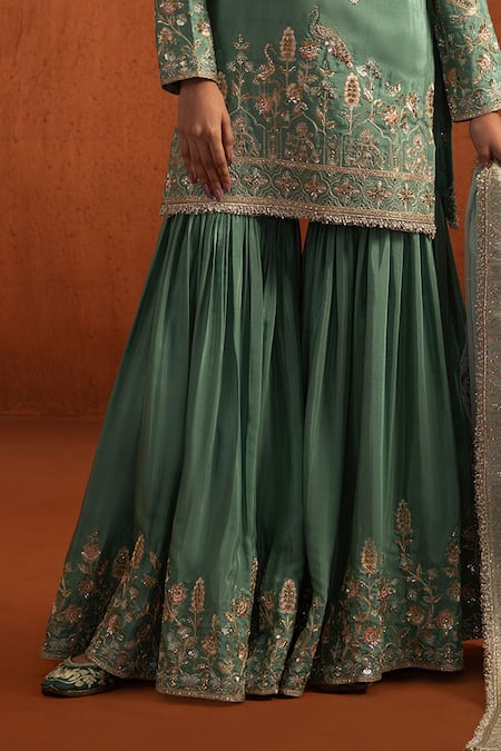 Shop_Lashkaraa_Green Viscose, Silk Embroidery, Metallic Thread, Sequins, Gota Kurta Gharara Set _Online_at_Aza_Fashions