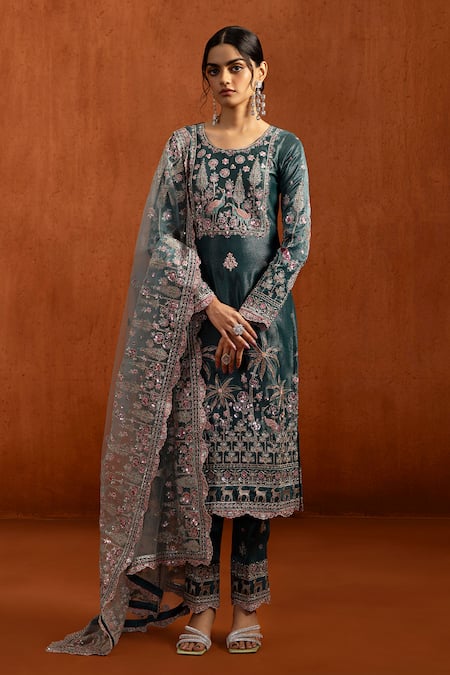 Buy_Lashkaraa_Blue Viscose, Tissue Embroidery, Sequins, Zari, Metallic Thread Kurta Pant Set _Online_at_Aza_Fashions