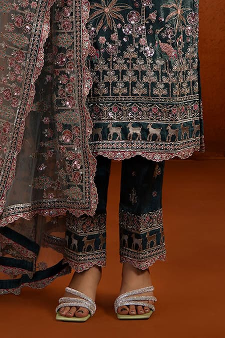 Shop_Lashkaraa_Blue Viscose, Tissue Embroidery, Sequins, Zari, Metallic Thread Kurta Pant Set _Online_at_Aza_Fashions